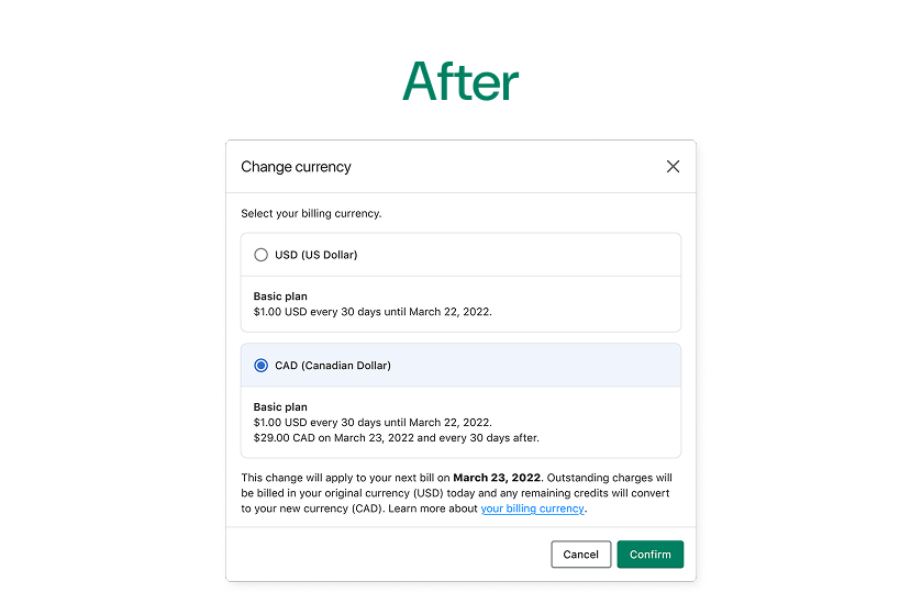 After: Change currency modal